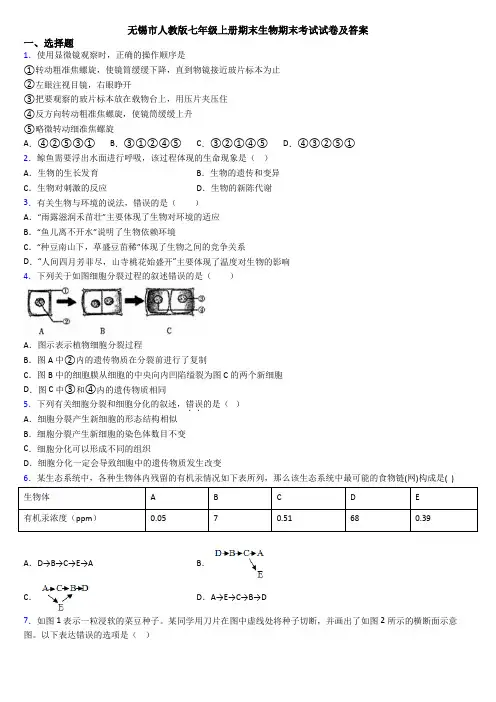 无锡市人教版七年级上册期末生物期末考试试卷及答案