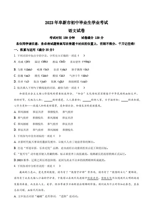 2023年辽宁省阜新市中考语文真题卷(含答案与解析)