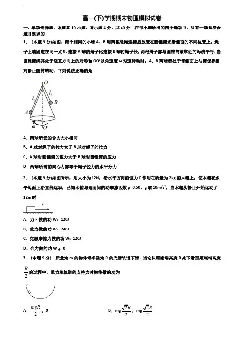 山东省济宁市2020年新高考高一物理下学期期末复习检测试题