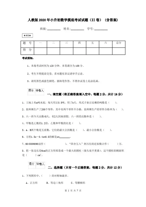 人教版2020年小升初数学摸底考试试题(II卷) (含答案)