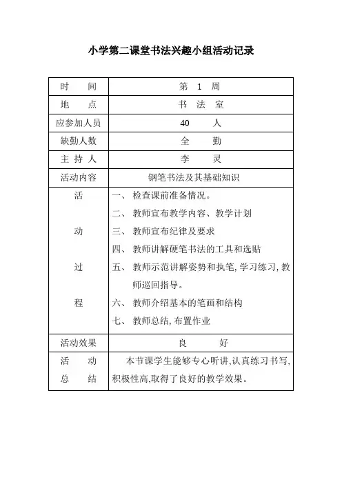 小学第二课堂书法兴趣小组活动记录
