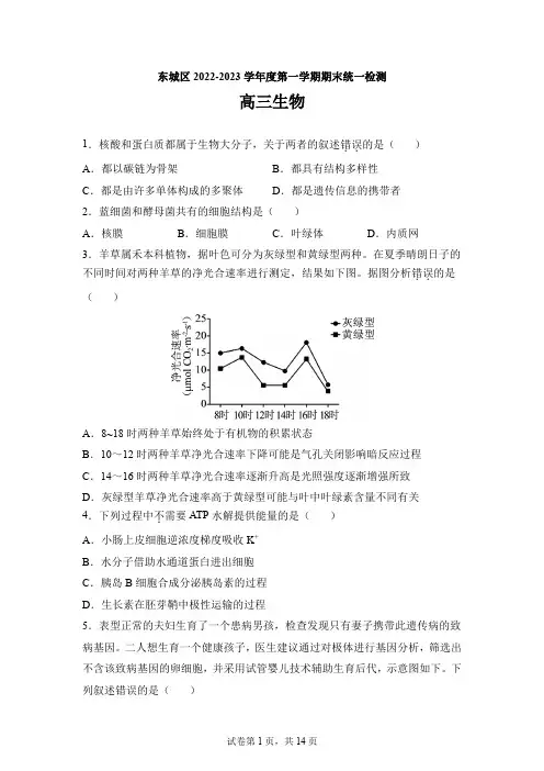 北京市东城区2022-2023学年高三1月期末生物试题