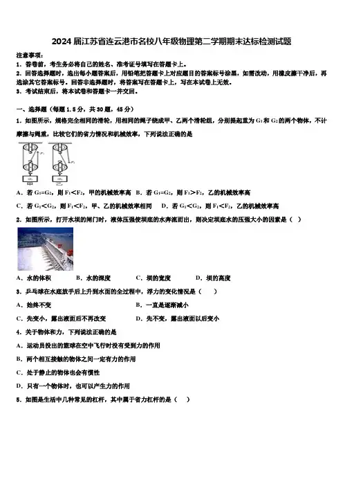 2024届江苏省连云港市名校八年级物理第二学期期末达标检测试题含解析