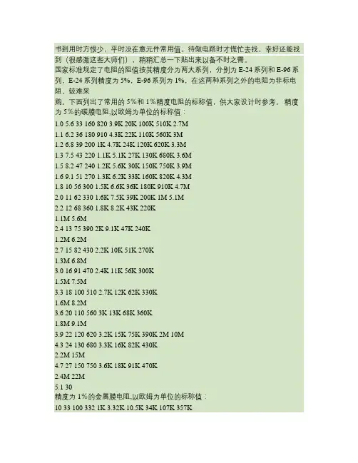 常用电容电阻标准值