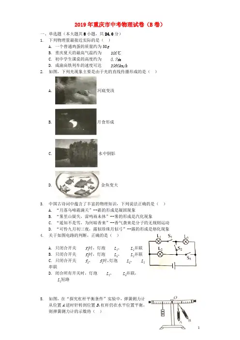 重庆市2019年中考物理真题试题(B卷,解析版)