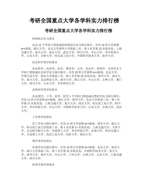 考研全国重点大学各学科实力排行榜