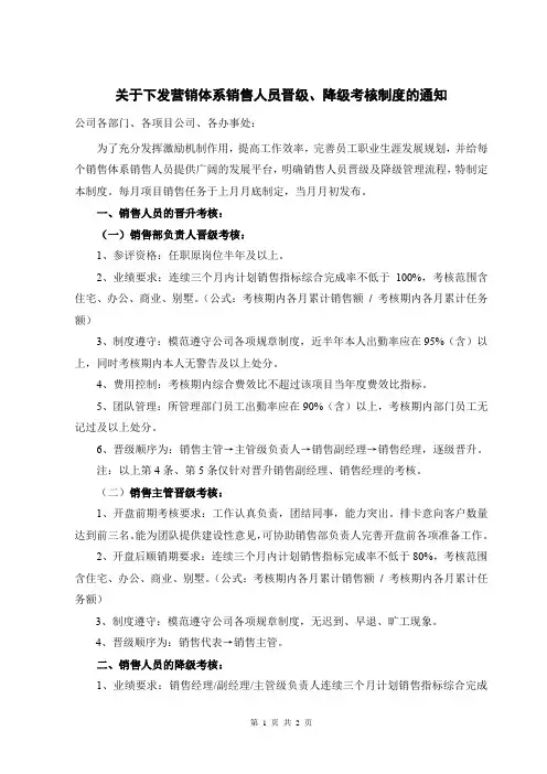 人力资源部营销体系销售人员晋级、降级考核制度