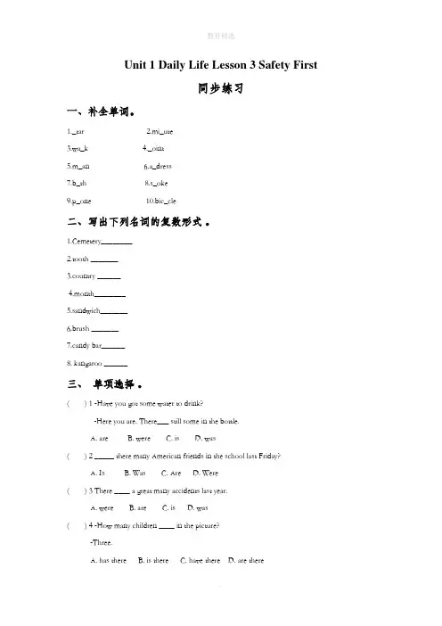 北师大版英语七年级下册Unit 1 Daily Life Lesson 3 Safety First 同步练习1