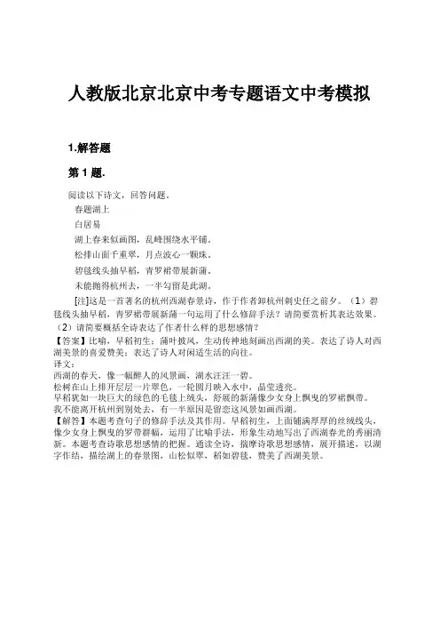 人教版北京北京中考专题语文中考模拟试卷及解析