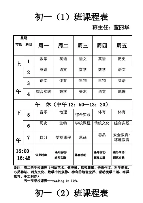 初一(1)班课程表