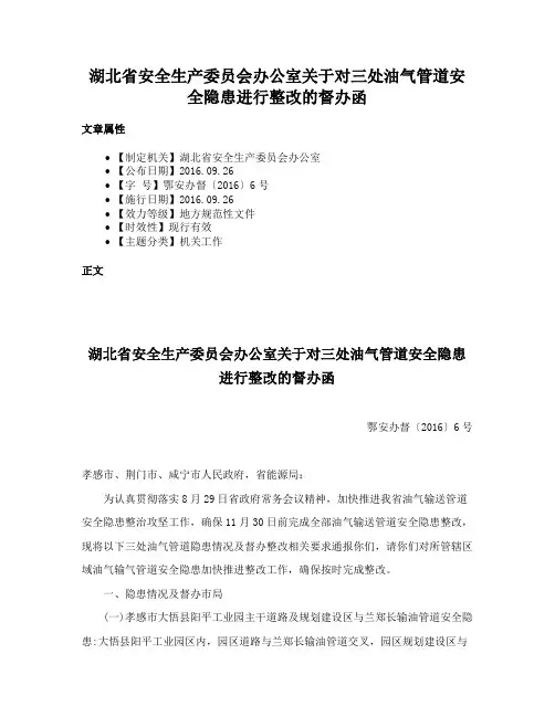 湖北省安全生产委员会办公室关于对三处油气管道安全隐患进行整改的督办函