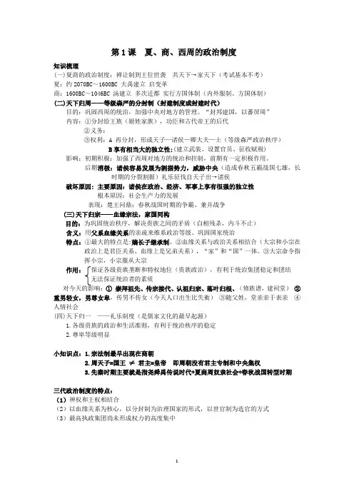 人教版必修一第1课 夏商西周的政治制度