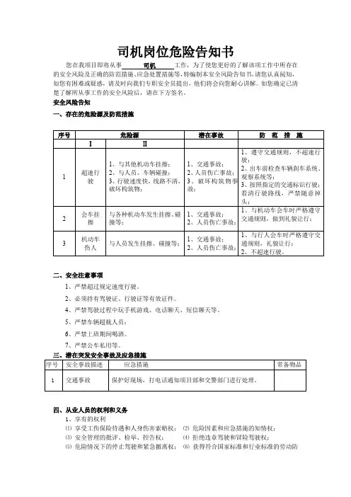 司机岗位危险告知书