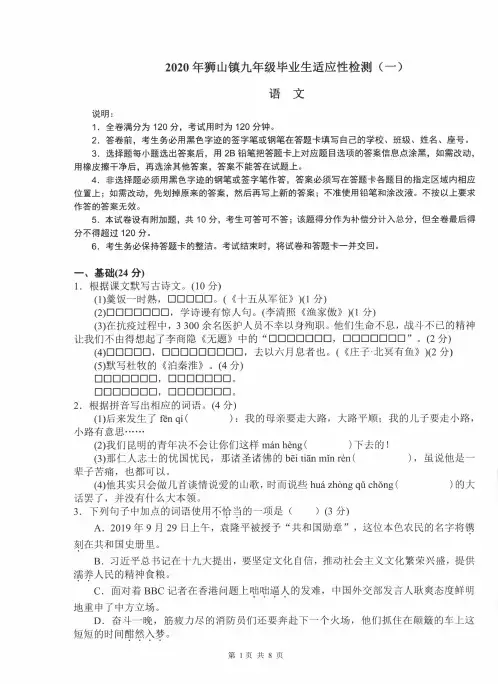 2020年广东省中考模拟试卷·2020年佛山市狮山镇九年级毕业生适应性检测(一)语文试题(含答案和解析)