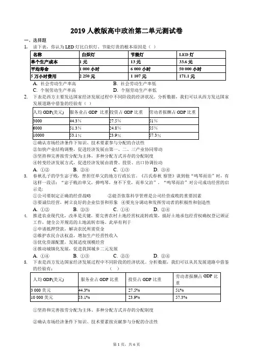 2019人教版高中政治第二单元测试卷(附答案)