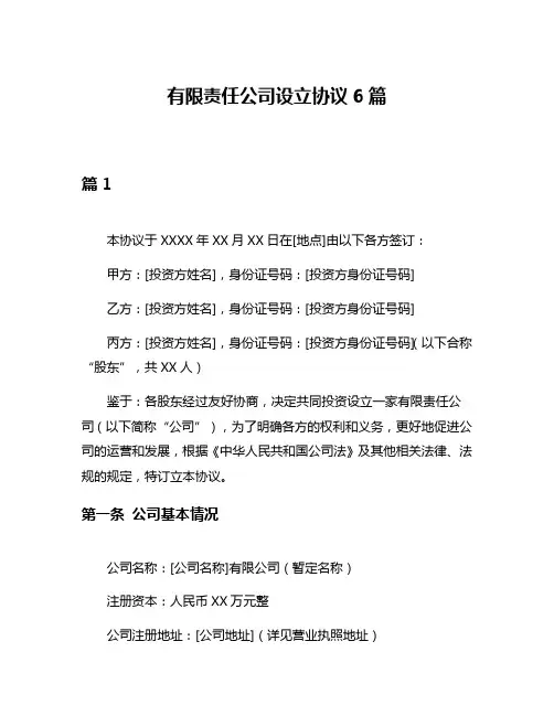 有限责任公司设立协议6篇