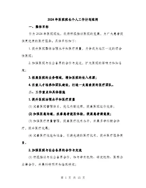 2024年医院院长个人工作计划范例(5篇)