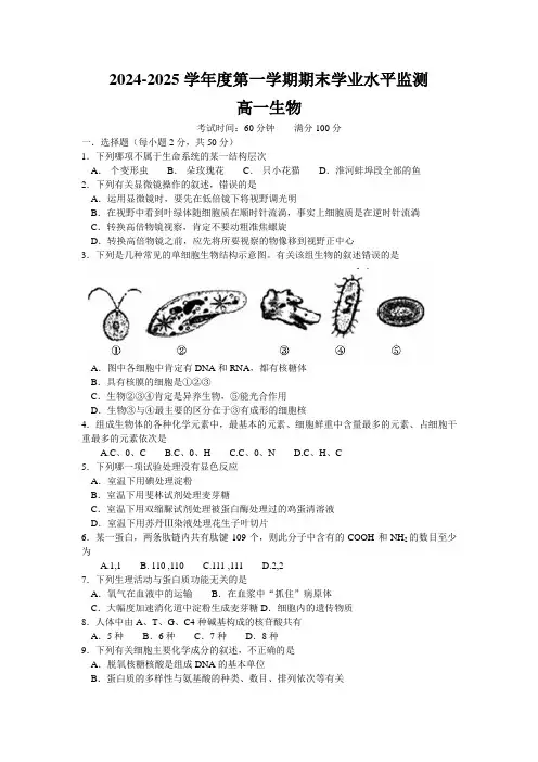2024-2025学年高一上学期期末考试生物试题