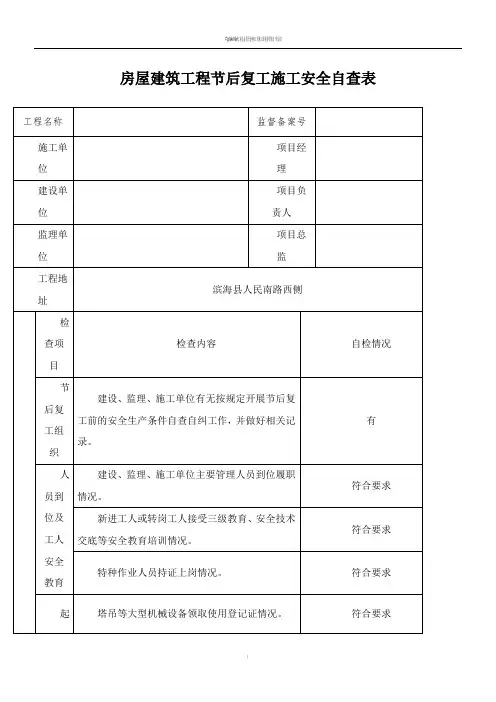 房屋建筑工程节后复工安全自查表54778