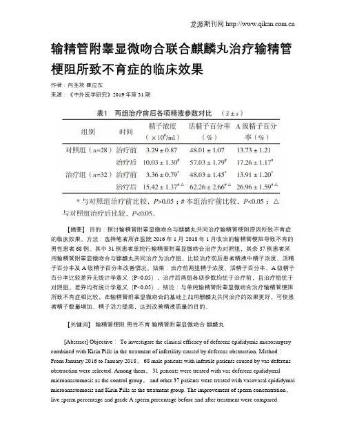 输精管附睾显微吻合联合麒麟丸治疗输精管梗阻所致不育症的临床效果