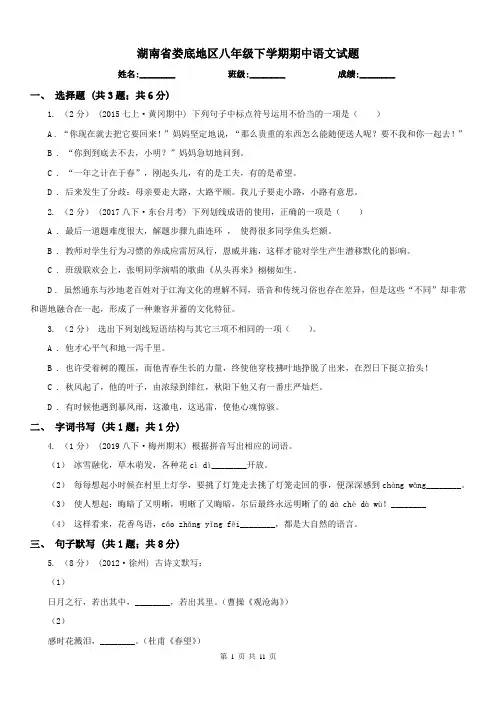 湖南省娄底地区八年级下学期期中语文试题