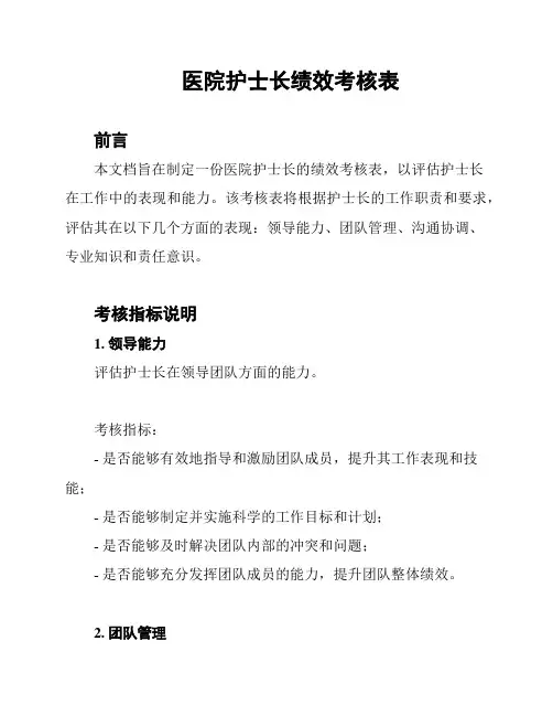 医院护士长绩效考核表