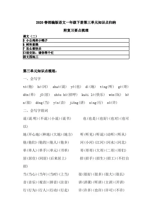 2020春部编版语文一年级下册第三单元知识点归纳 附复习要点梳理 (课文二)