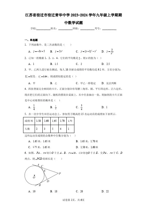 江苏省宿迁市宿迁青华中学2023-2024学年九年级上学期期中数学试题
