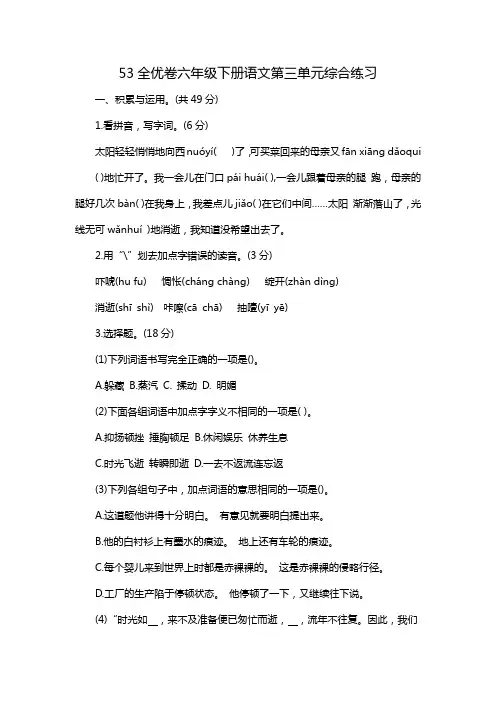 53全优卷六年级下册语文第三单元综合练习