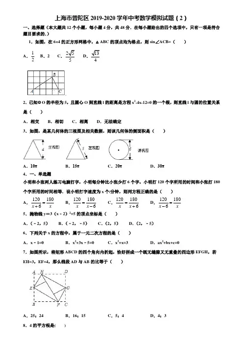 上海市普陀区2019-2020学年中考数学模拟试题(2)含解析
