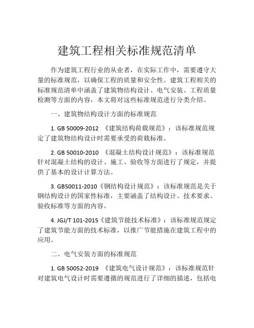 建筑工程相关标准规范清单