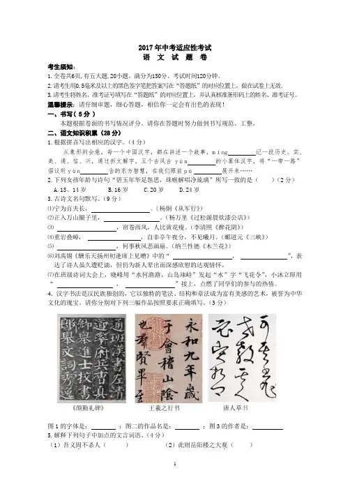浙江省绍兴市2017年中考适应性考试语文试卷