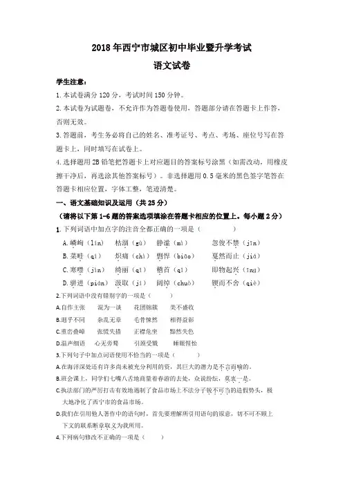 青海省西宁市2018年中考语文试题(含答案)