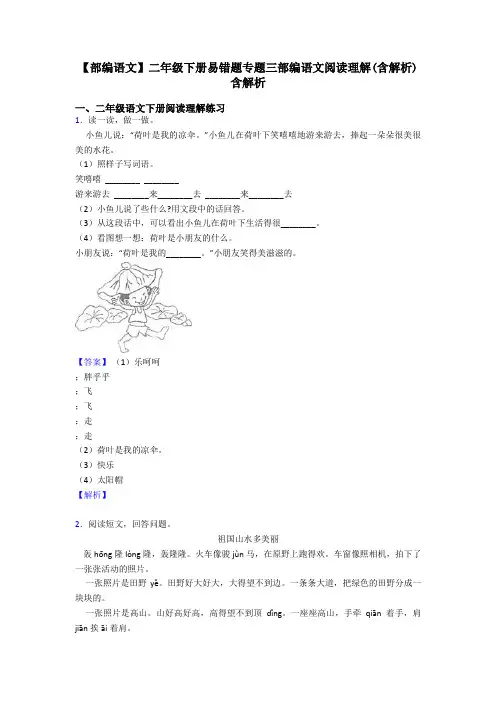 二年级【部编语文】二年级下册易错题专题三部编语文阅读理解(含解析)含解析