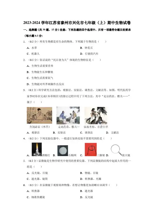 江苏省泰州市兴化市2023-2024学年七年级上学期期中生物试卷