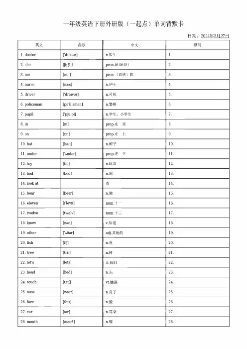 一年级英语下册外研版(一起点)单词默背卡-高清无水印完整版本