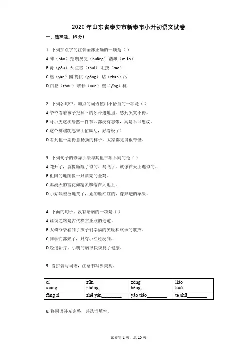 2020年山东省泰安市新泰市小升初语文试卷有答案