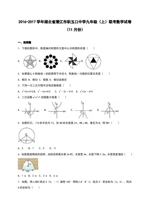 湖北省潜江市积玉口中学2017届九年级(上)联考数学试卷(11月份)(解析版)