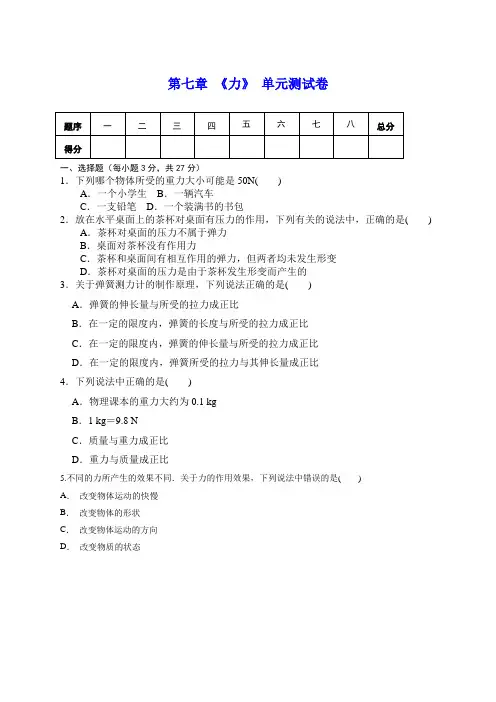 人教版八年级物理下册 第七章 《力》单元测试(包含答案)