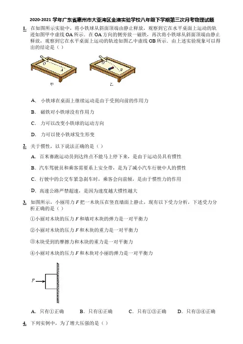 2020-2021学年广东省惠州市大亚湾区金澳实验学校八年级下学期第三次月考物理试题
