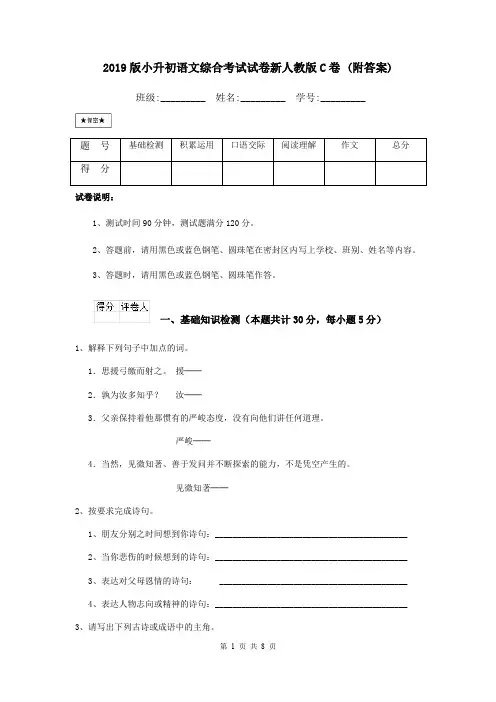 2019版小升初语文综合考试试卷新人教版C卷 (附答案)