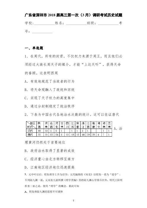广东省深圳市2021届高三第一次(3月)调研考试历史试题