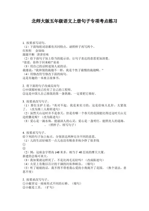 北师大版五年级语文上册句子专项考点练习