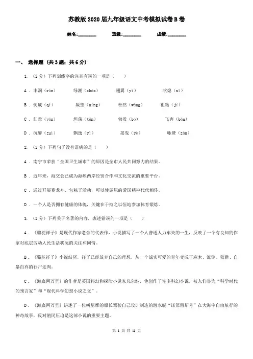 苏教版2020届九年级语文中考模拟试卷B卷