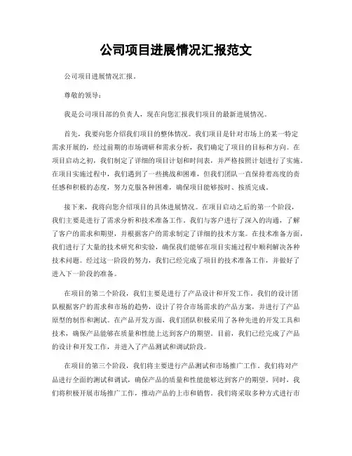 公司项目进展情况汇报范文