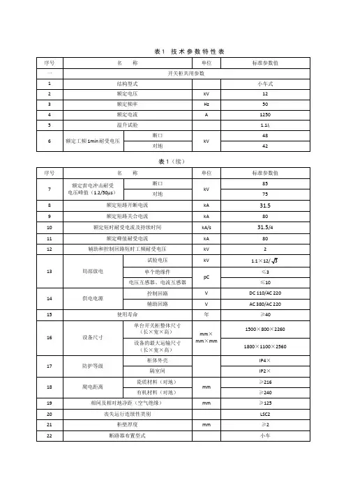 分段断路器柜技术参数