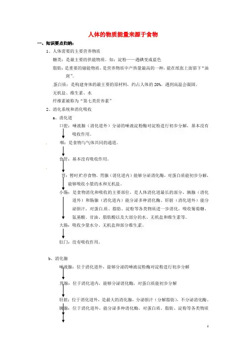 江苏省涟水县七年级生物上册 第3单元 第5章 人体的物质能量来源于食物复习学案(无答案)(新版)苏科版