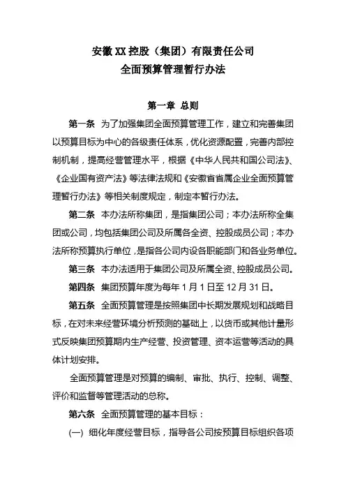 XX控股有限责任公司全面预算管理暂行办法