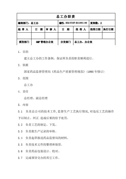 医药企业--GMP各岗位职责-总工办人员职责