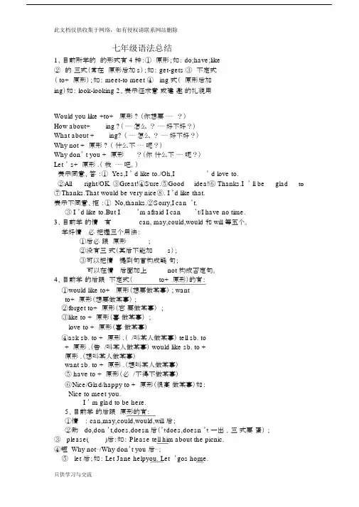 仁爱版本英语初中七年级的上册的语法总结计划讲解学习.doc